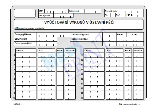 Vyúčtování výkonů v ústavní péči - 1 list