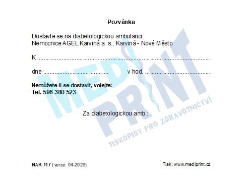 Pozvánka na lékařské vyšetření - diabet. amb.